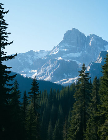 Mountain landscape with fir forest and snowcapped peaks in the background