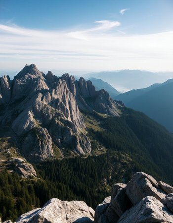 panoramic view of the mountains and valley in the Dolomitesの写真素材