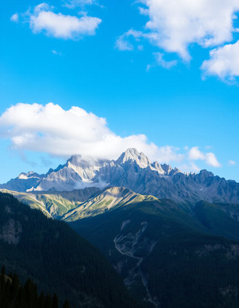 Mountain landscape with snow-capped peaks in the clouds.の写真素材