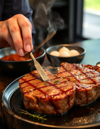 Closeup of a woman's hand holding a knife and cutting a piece of beef steak.の写真素材