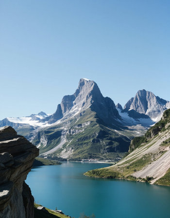 Mountain landscape with lake and blue sky, Switzerland, Europe.