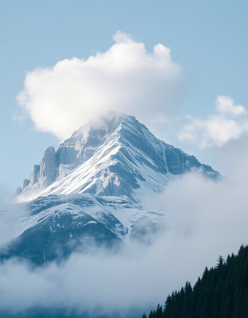 Mountain landscape with snow and cloudsの写真素材