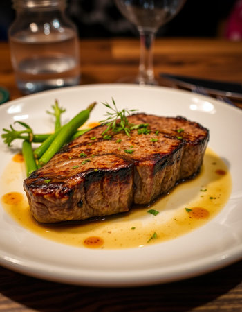 Grilled beef steak with asparagus and sauce on a white plate