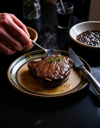 steak on a plate with a knife and fork on a black backgroundの写真素材