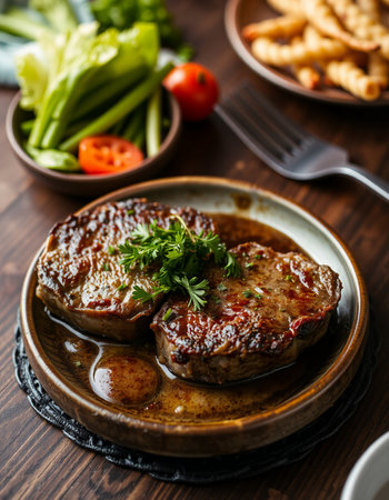 Grilled steaks with sauce and french fries on a wooden tableの写真素材
