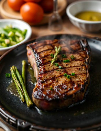 Grilled T-bone steak with asparagus and sauce.の写真素材