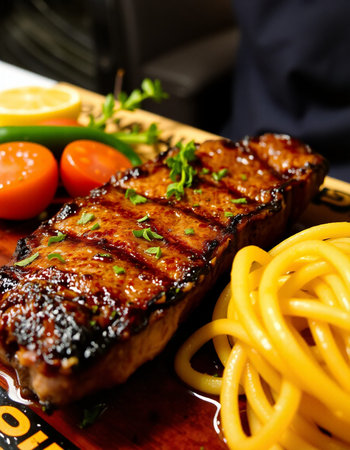Japanese Cuisine - Grilled Pork Steak with Yellow Pastaの写真素材
