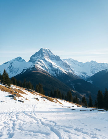 Beautiful winter mountains landscape with snow covered peaks and coniferous forestの写真素材