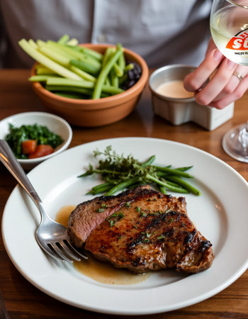 Grilled pork steak with green beans and vegetables on a wooden tableの写真素材