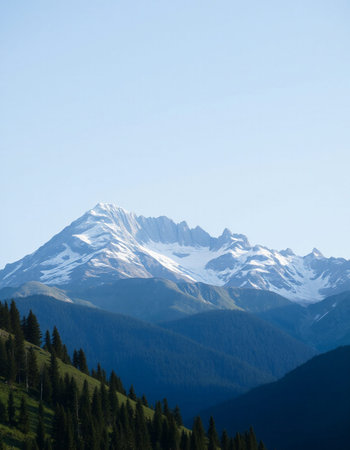 Mountain landscape with snow covered peaks and coniferous forest.