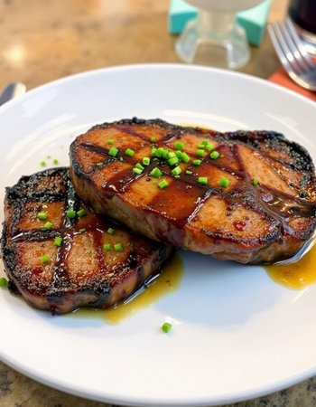Pork steak with soy sauce on a white plate in a restaurant
