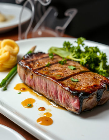 grilled beef steak with asparagus and mashed potatoes on white plate