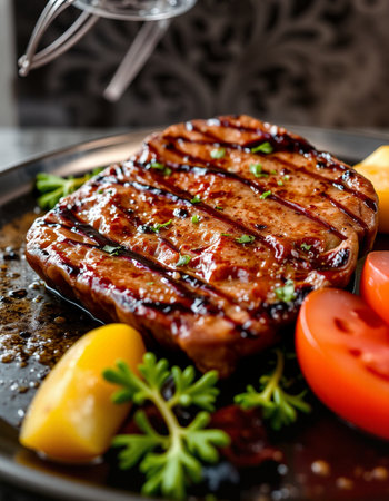 grilled beef steak with vegetables on a plate. tinting. selective focusの写真素材