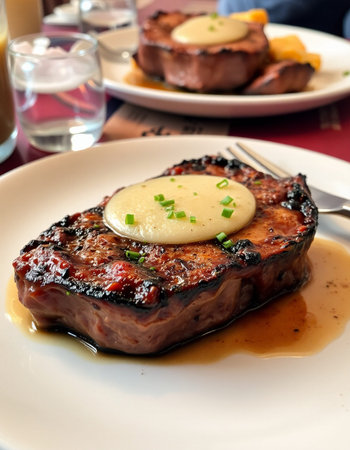 grilled beef steak with sauce on a white plate in a restaurant