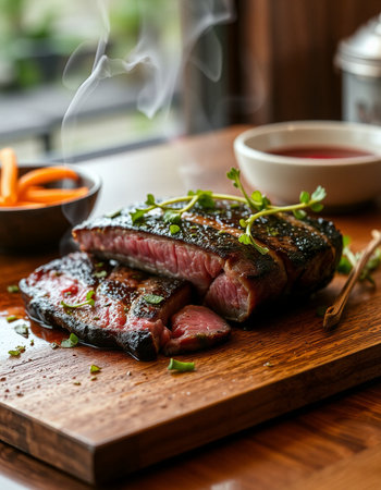 Grilled beef steak with sauce on a wooden board. Close-up.の写真素材