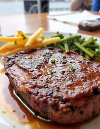 Grilled beef steak with french fries and green beans in a restaurantの写真素材