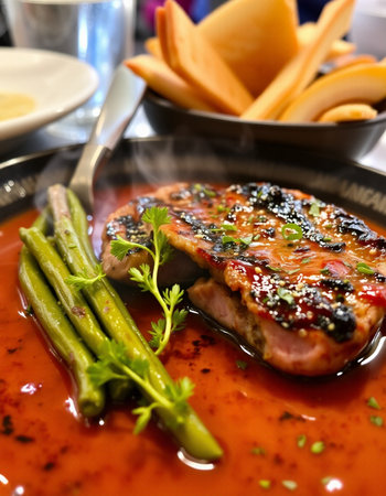 Grilled tuna steak with asparagus, french fries and sauceの写真素材