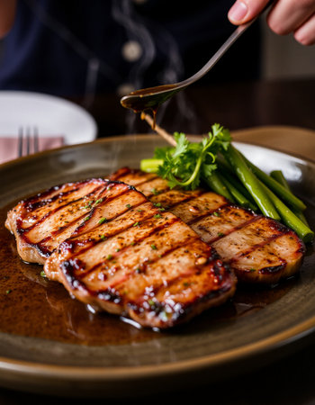 Grilled pork loin steak with asparagus and soy sauceの写真素材