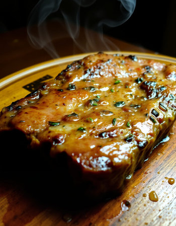 grilled pork ribs with herbs on a wooden board, closeupの写真素材