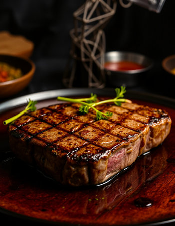 grilled wagyu beef steak on a wooden plate with sauceの写真素材