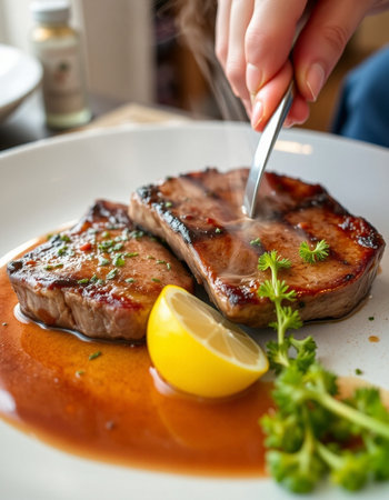 steak with sauce and lemon on a white plate in a restaurantの写真素材