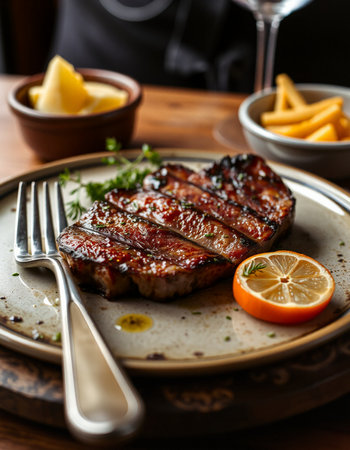 Grilled beef steak with french fries, lemon and herbs on plateの写真素材