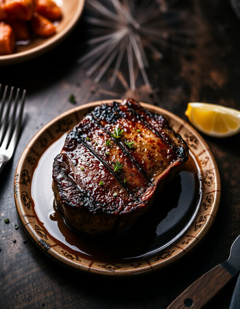 Grilled Tenderloin Steak with Balsamic Vinegar and Lemonの写真素材