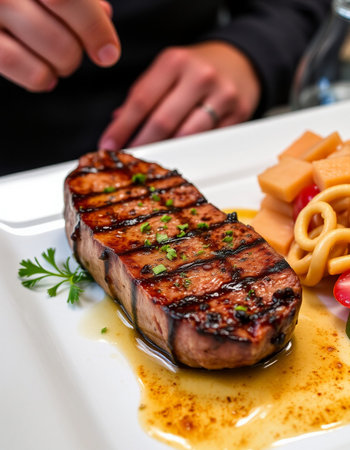 Grilled tuna steak with vegetables on a white plate in a restaurant