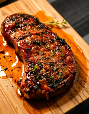 grilled beef steak with tomato sauce and herbs on a wooden boardの写真素材