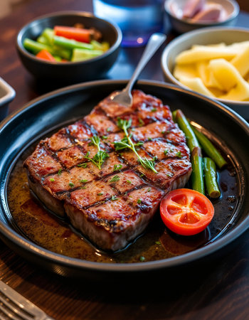 Grilled beef steak with vegetables and sauce on wooden table, closeupの写真素材