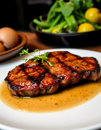 grilled beef fillet steak with sauce on white plate in restaurant