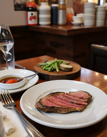 Grilled tuna steak on white plate with fork and knife in restaurantの写真素材