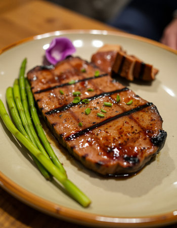 Grilled tuna steak with green asparagus on a plate.の写真素材