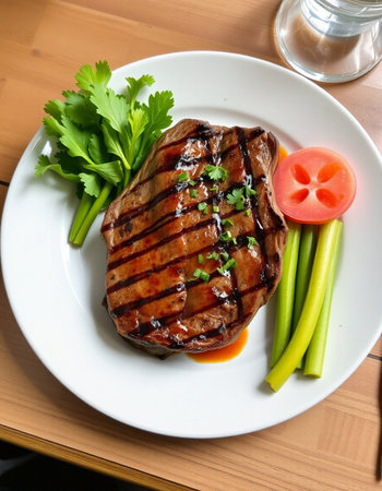 Grilled beef steak with celery and soy sauce on white plateの写真素材