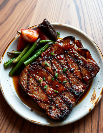 grilled pork spareribs with soy sauce and asparagusの写真素材
