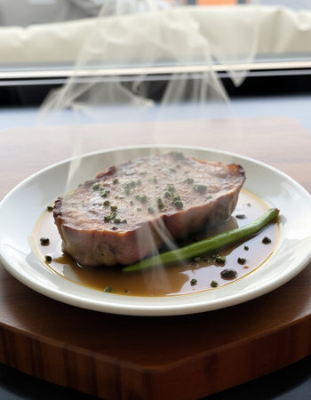 Pork steak with soy sauce and green pepper on a white plateの写真素材