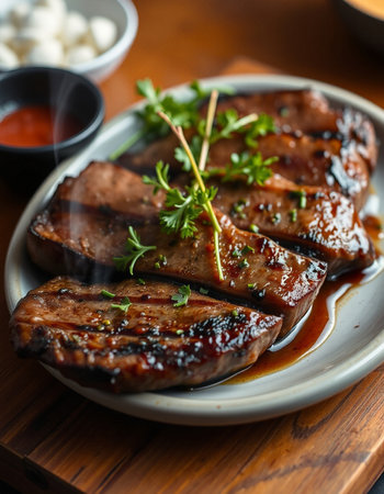 Grilled Pork Ribs with BBQ Sauce on Wooden Background, Closeupの写真素材