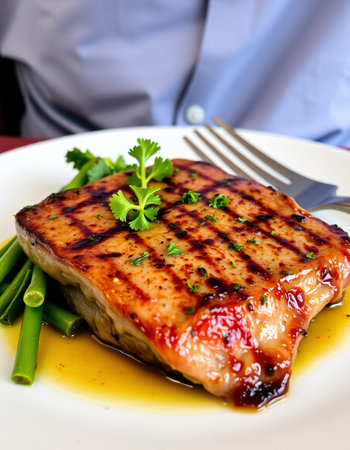 grilled salmon steak with vegetables on a white plate in a restaurant