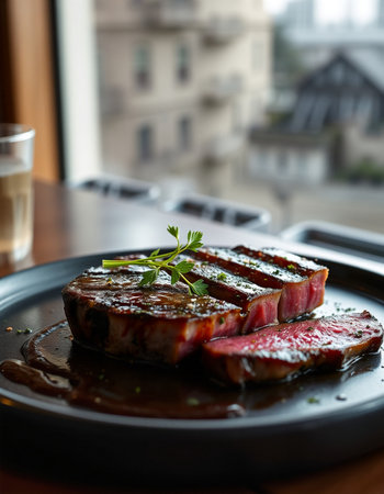 Grilled beef steak with sauce and herbs on a black plate.の写真素材