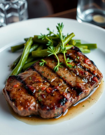 Grilled steak with green beans on a white plate in a restaurant