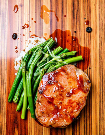 grilled pork chop with asparagus on a wooden cutting boardの写真素材