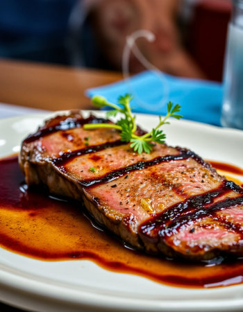 Slices of grilled wagyu beef steak on a white plate