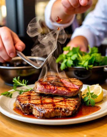 Grilled steak with herbs and spices on a plate in a restaurantの写真素材