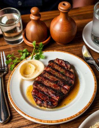 Grilled beef steak with sauce and mayonnaise on wooden tableの写真素材