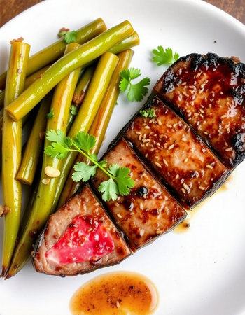 Grilled tuna steak with soy sauce and green beans on white plate