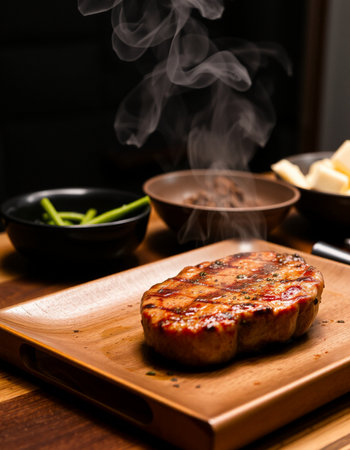 Grilled pork chop with soy sauce on a wooden plate in a restaurantの写真素材