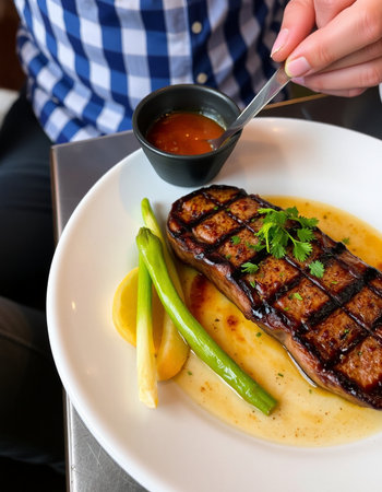 Tasty grilled beef steak with green asparagus and sauce.の写真素材