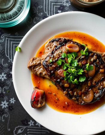Beef Steak with Red Bean Sauce on a Black Background.の写真素材