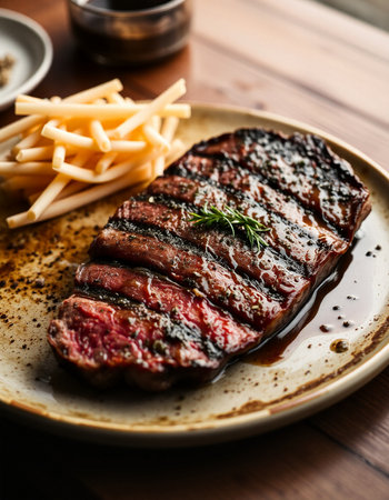 Grilled beef steak with french fries on wooden table, closeupの写真素材