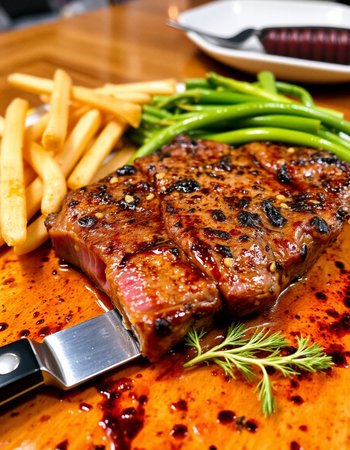 Grilled beef steak with french fries and vegetables on wooden table.